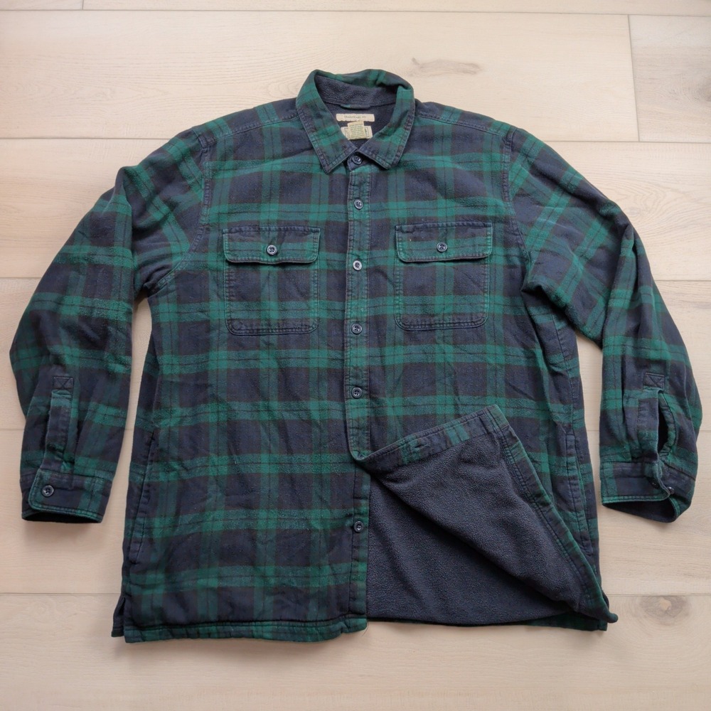 LL Bean Fleece Lined Flannel Shirt Mens XL Green Plaid Traditional Fit 298189